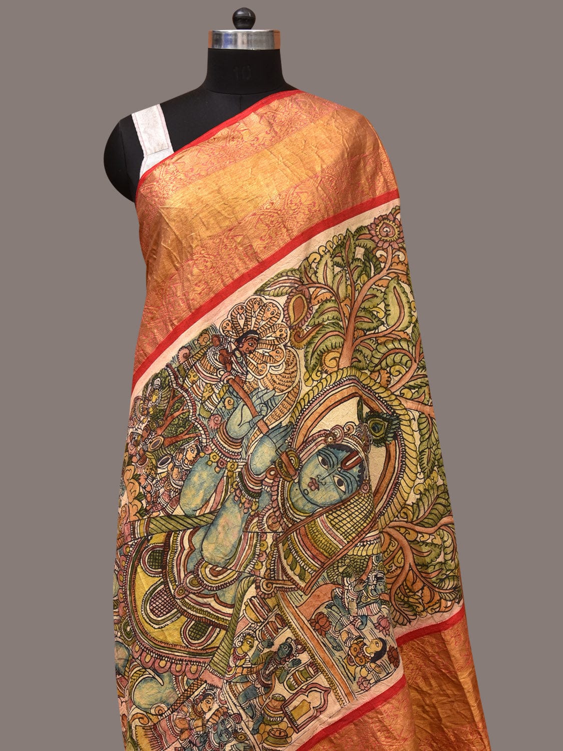 Green and Red Kalamkari Hand Painted Kanchipuram Silk Handloom Dupatta with Krishna Design - Global Threads - Distacart