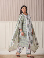 Thumbnail for Yufta Green And White Hand Embroidery Cotton Plus Size Kurta Dupatta Set