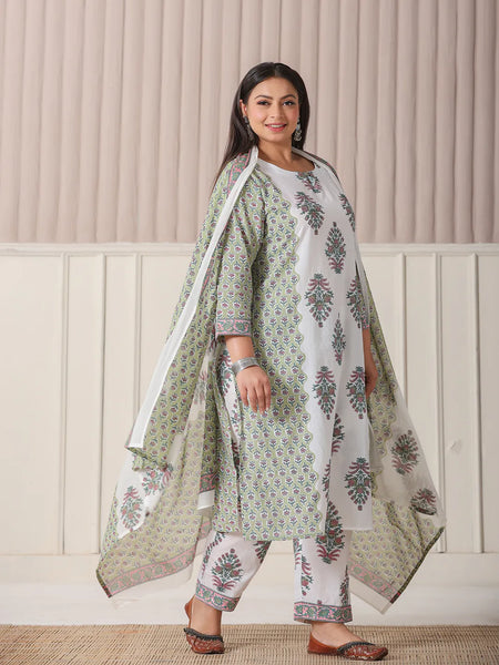 Yufta Green And White Hand Embroidery Cotton Plus Size Kurta Dupatta Set