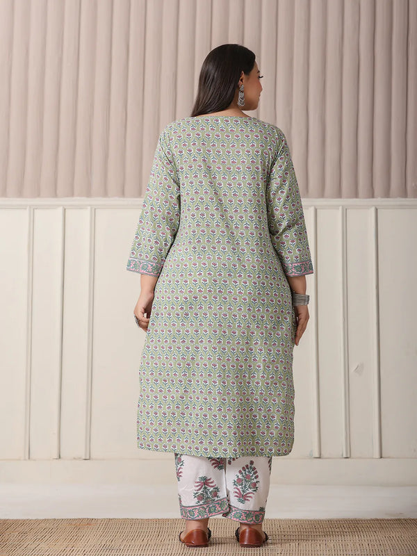 Yufta Green And White Hand Embroidery Cotton Plus Size Kurta Dupatta Set