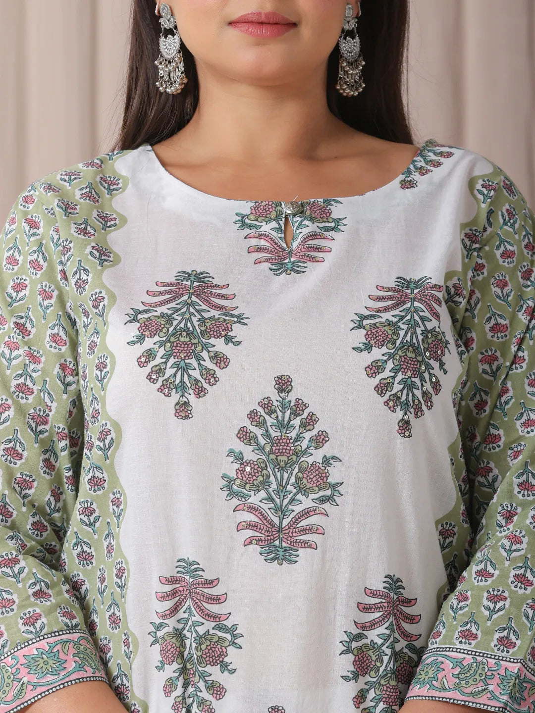Yufta Green And White Hand Embroidery Cotton Plus Size Kurta Dupatta Set