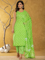 Thumbnail for Yufta Green Bandhani Cotton Straight Kurta Trouser & Dupatta Set - Distacart