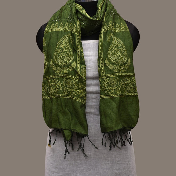 Green Bandhani Silk Handloom Stole with Mango Design - Global Threads - Distacart