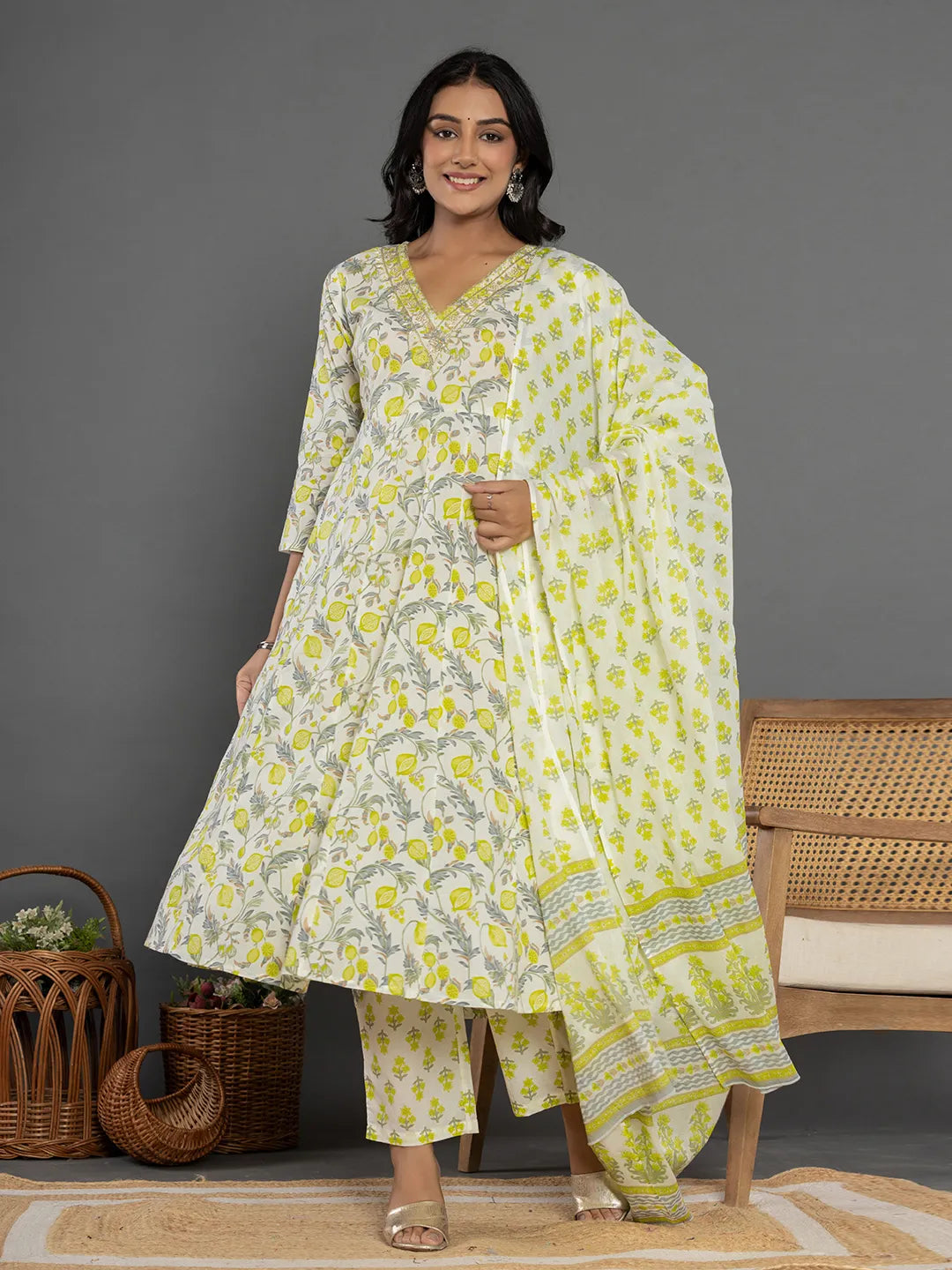 Yufta Green Beads & Stones Cotton Anarkali Kurta Dupatta Pant Set - Distacart