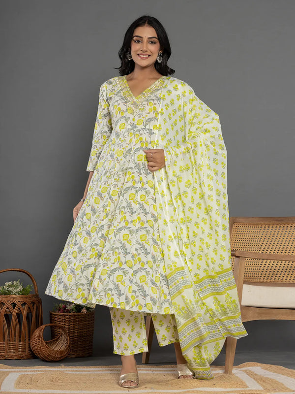 Yufta Green Beads & Stones Cotton Anarkali Kurta Dupatta Pant Set