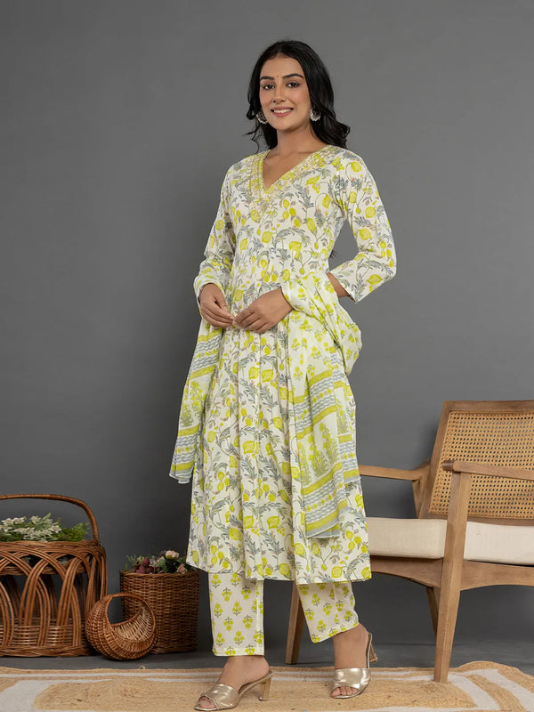 Yufta Green Beads & Stones Cotton Anarkali Kurta Dupatta Pant Set