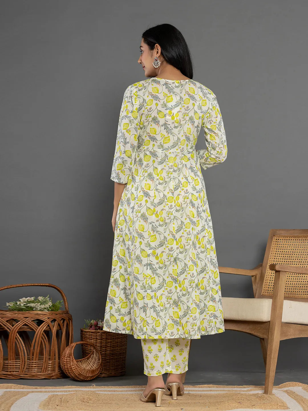 Yufta Green Beads & Stones Cotton Anarkali Kurta Dupatta Pant Set