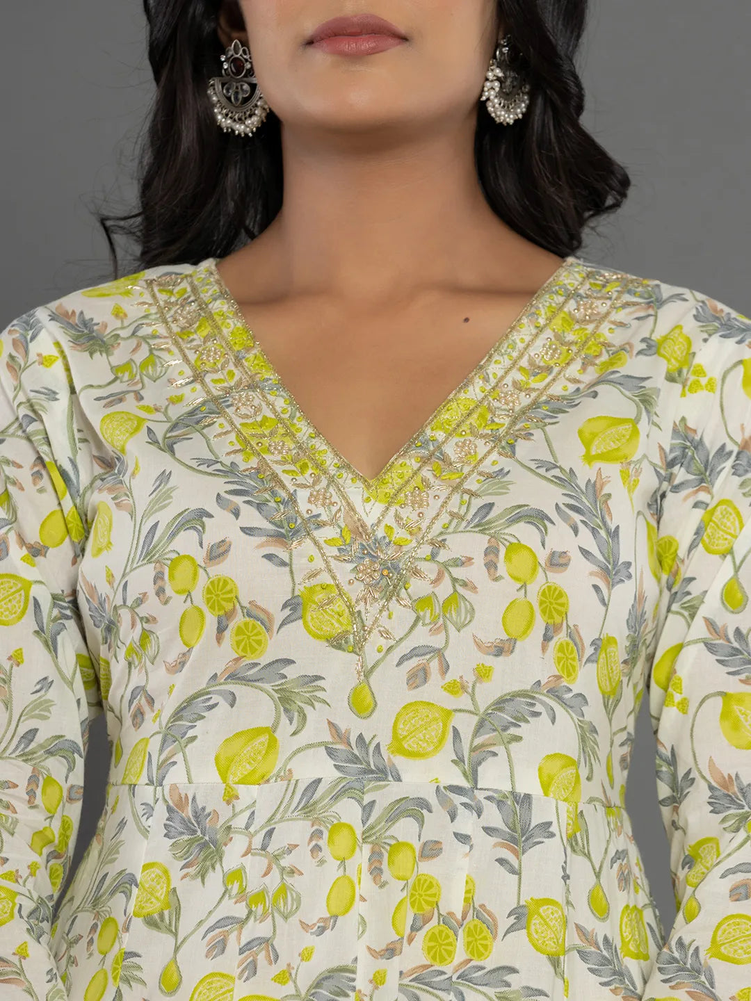Yufta Green Beads & Stones Cotton Anarkali Kurta Dupatta Pant Set