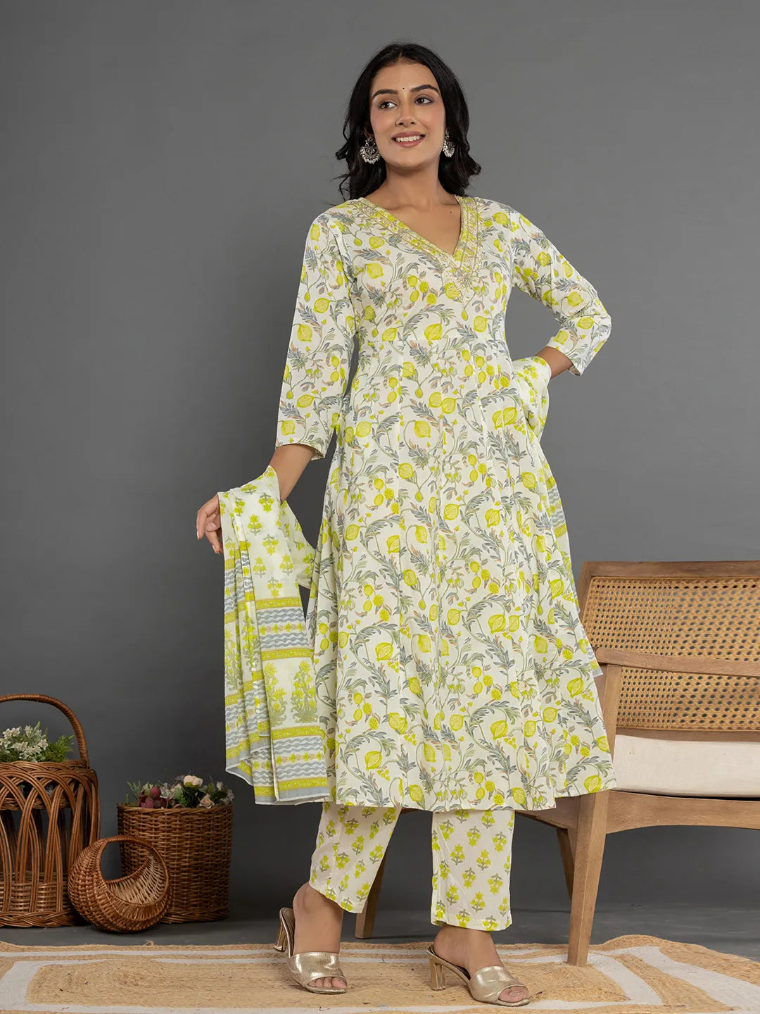 Yufta Green Beads & Stones Cotton Anarkali Kurta Dupatta Pant Set