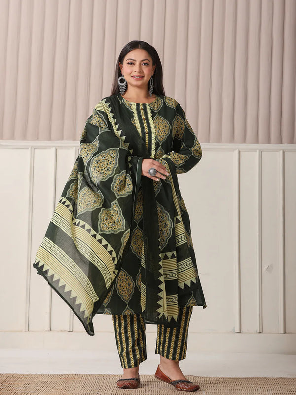 Yufta Green Block Print Cotton Lace Work Plus Size Kurta Set With Pant & Dupatta