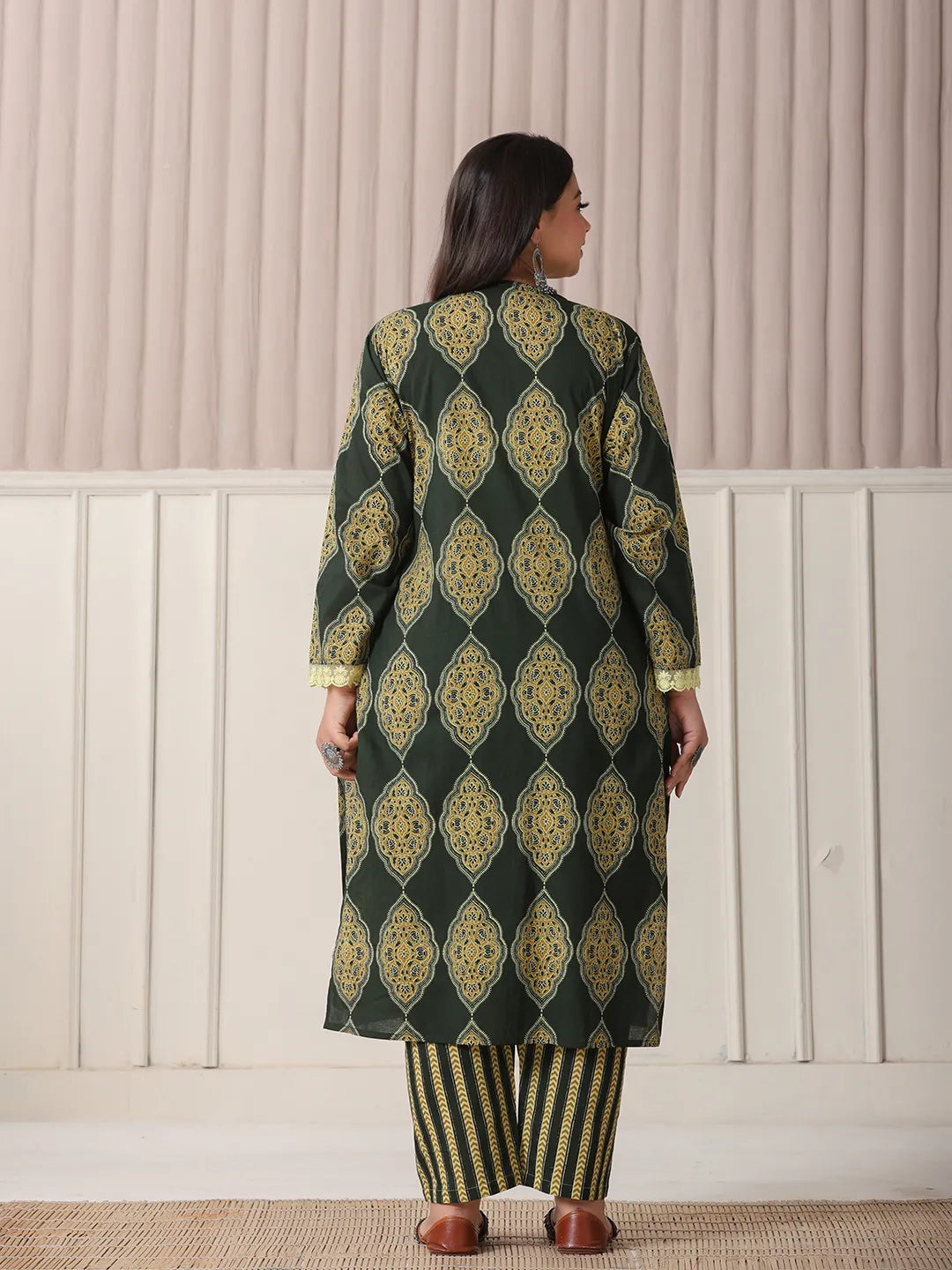 Yufta Green Block Print Cotton Lace Work Plus Size Kurta Set With Pant & Dupatta