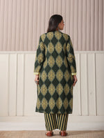 Thumbnail for Yufta Green Block Print Cotton Lace Work Plus Size Kurta Set With Pant & Dupatta