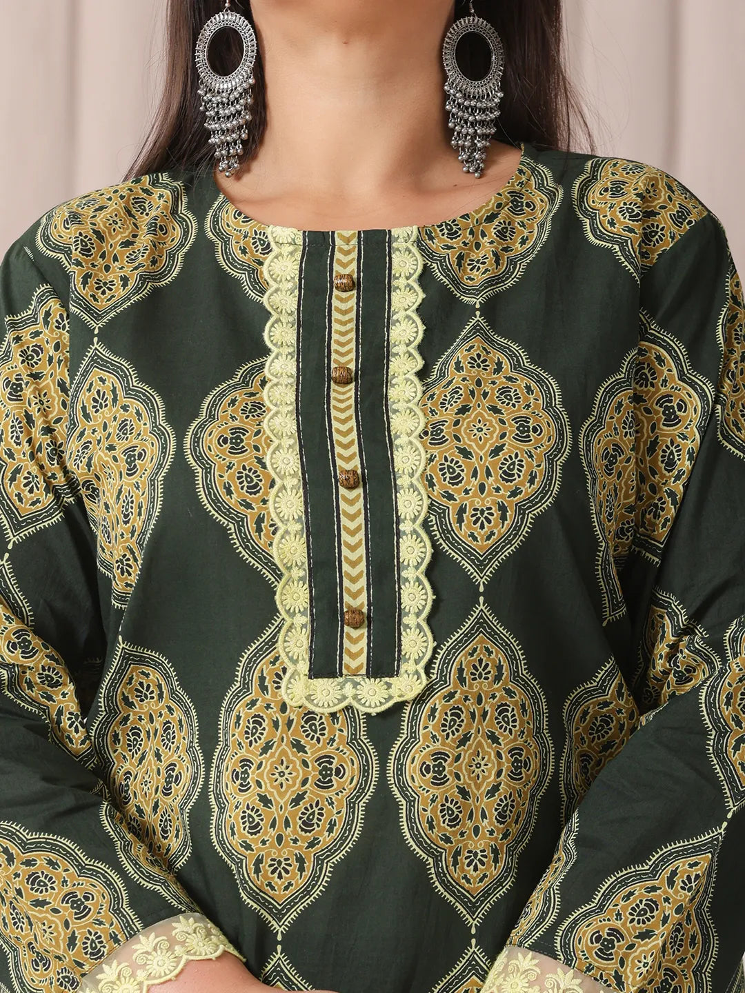 Yufta Green Block Print Cotton Lace Work Plus Size Kurta Set With Pant & Dupatta