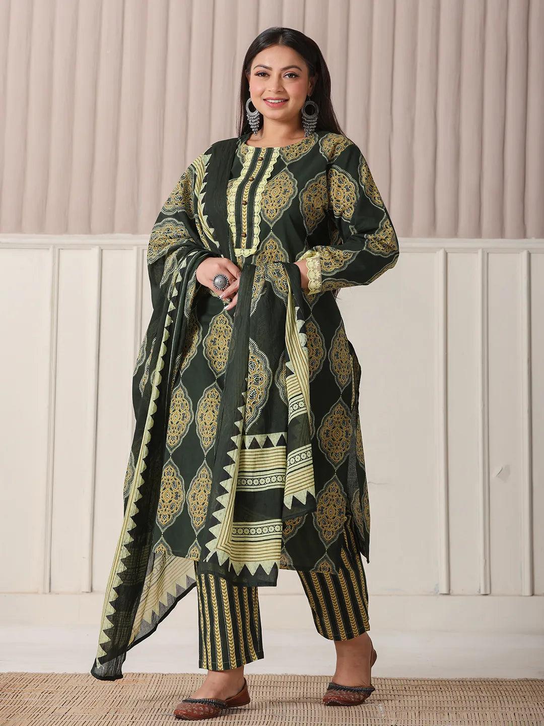 Yufta Green Block Print Cotton Lace Work Plus Size Kurta Set With Pant & Dupatta