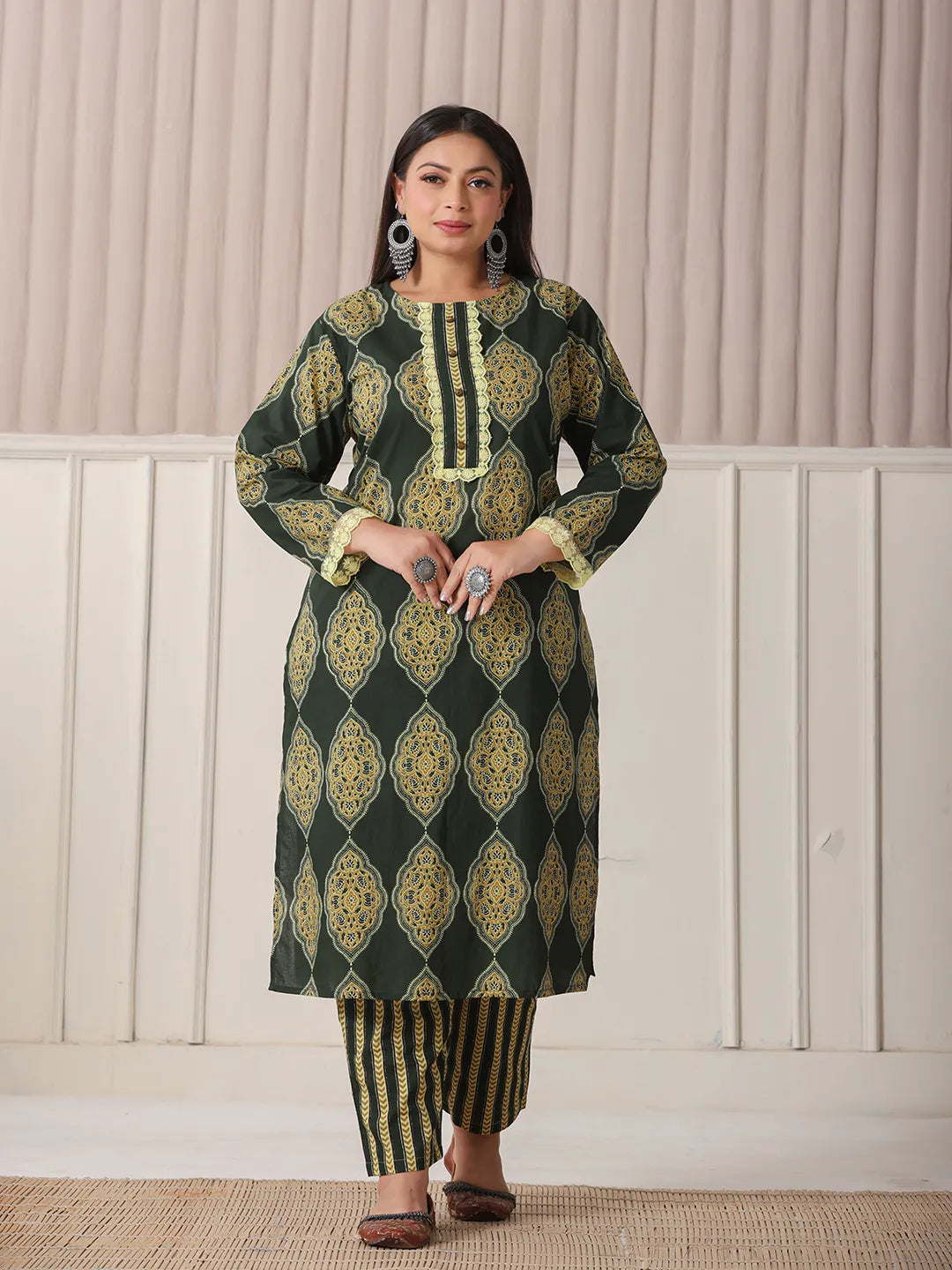 Yufta Green Block Print Cotton Lace Work Plus Size Kurta Set With Pant & Dupatta