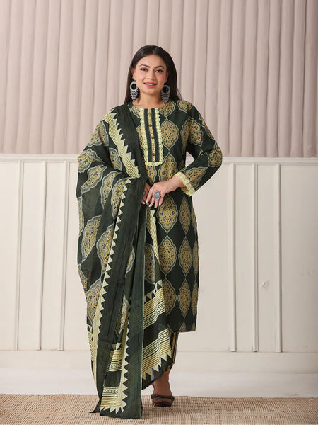 Yufta Green Block Print Cotton Lace Work Plus Size Kurta Set With Pant & Dupatta