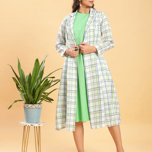 BohoJazz White Leaf Green Check Linen Jacket with Solid Linen Dress