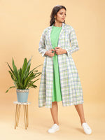 Thumbnail for BohoJazz White Leaf Green Check Linen Jacket with Solid Linen Dress
