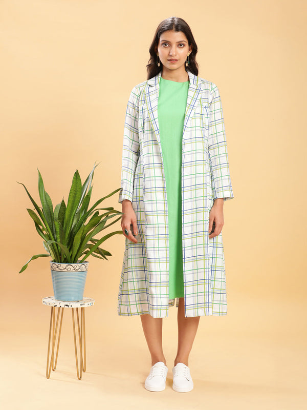 BohoJazz White Leaf Green Check Linen Jacket with Solid Linen Dress