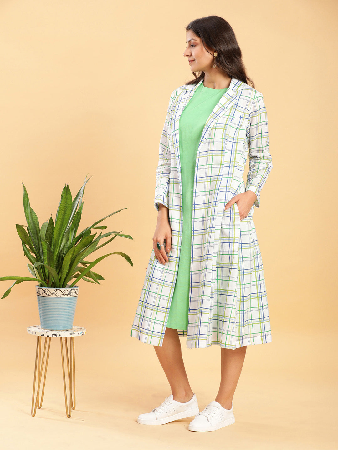 BohoJazz White Leaf Green Check Linen Jacket with Solid Linen Dress