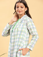 Thumbnail for BohoJazz White Leaf Green Check Linen Jacket with Solid Linen Dress