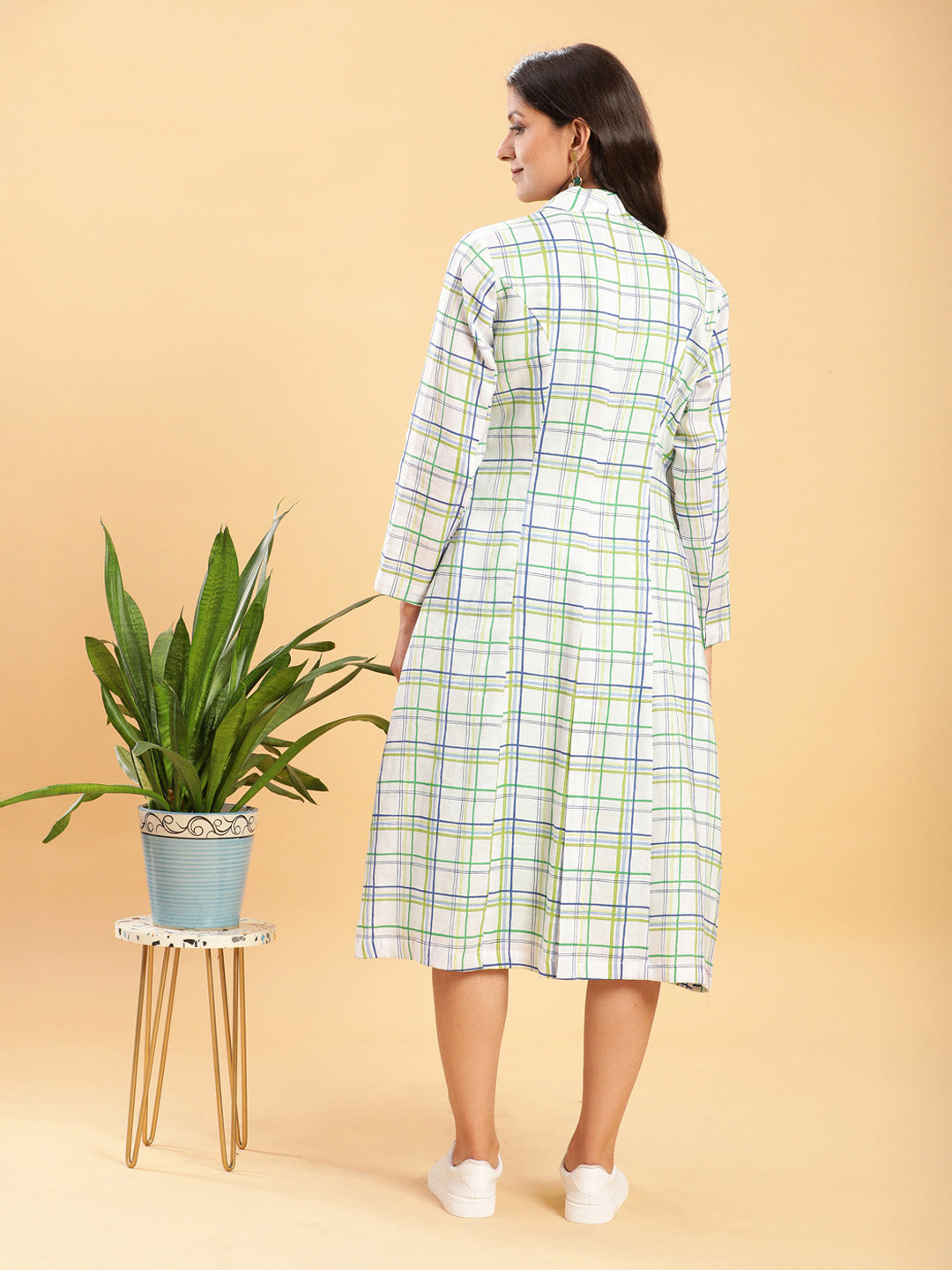 BohoJazz White Leaf Green Check Linen Jacket with Solid Linen Dress