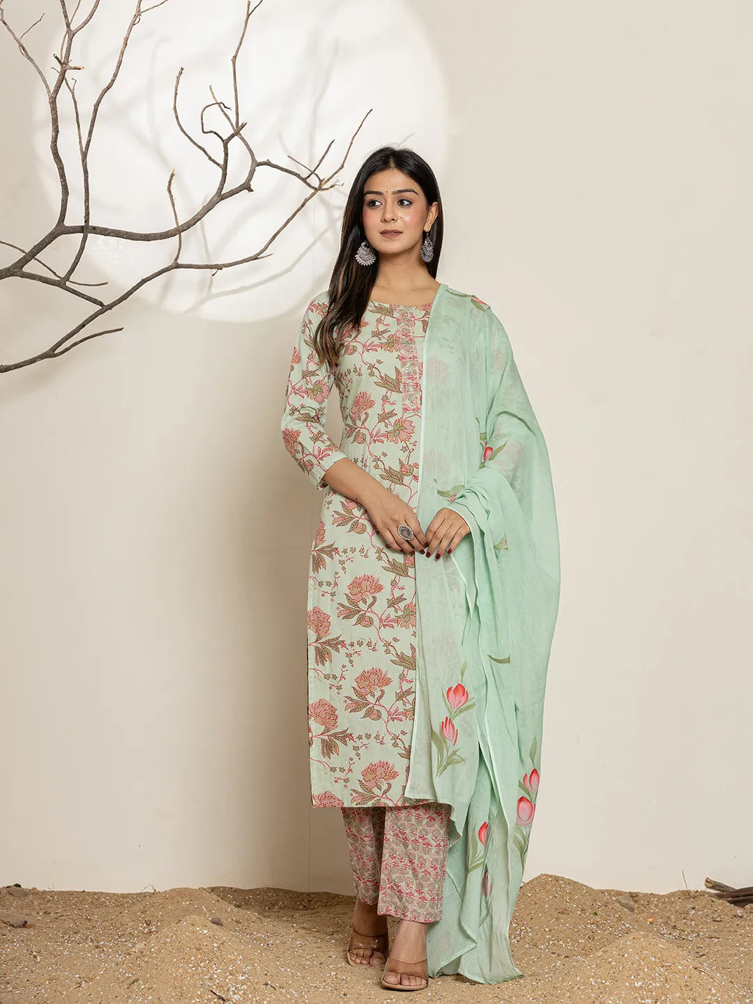 Yufta Green Cotton Floral Print Kurta Dupatta Set - Distacart