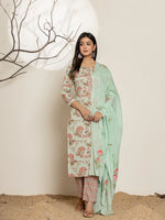 Thumbnail for Yufta Green Cotton Floral Print Kurta Dupatta Set - Distacart