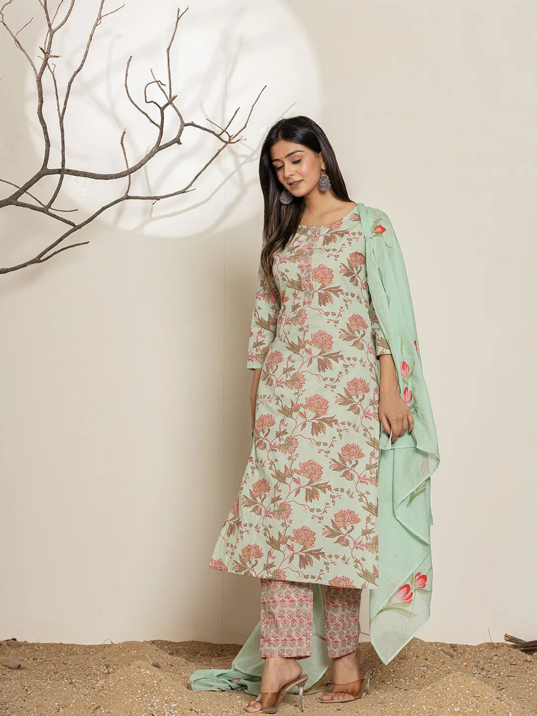 Yufta Green Cotton Floral Print Kurta Dupatta Set - Distacart