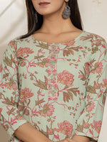 Thumbnail for Yufta Green Cotton Floral Print Kurta Dupatta Set - Distacart