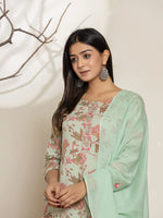 Thumbnail for Yufta Green Cotton Floral Print Kurta Dupatta Set - Distacart