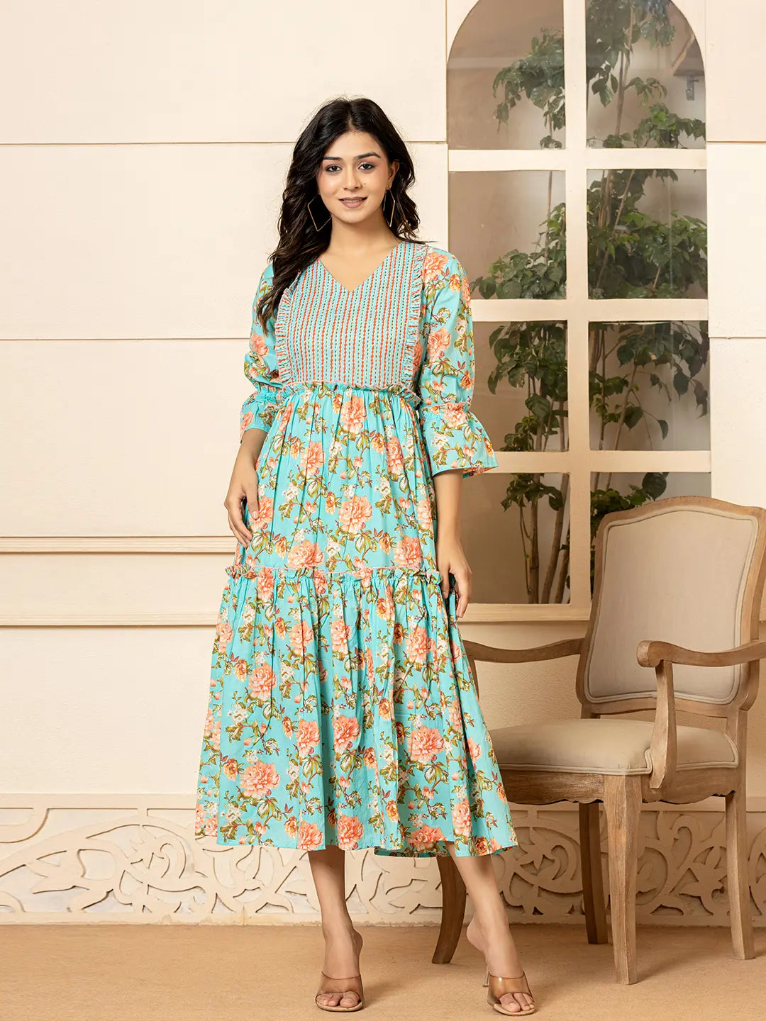 Yufta Teal Green Cotton Floral Print Tiered Dress With Ruffles - Distacart