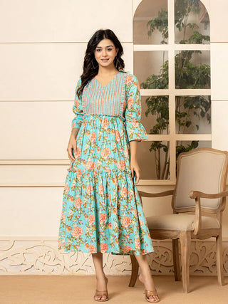 Yufta Teal Green Cotton Floral Print Tiered Dress With Ruffles - Distacart