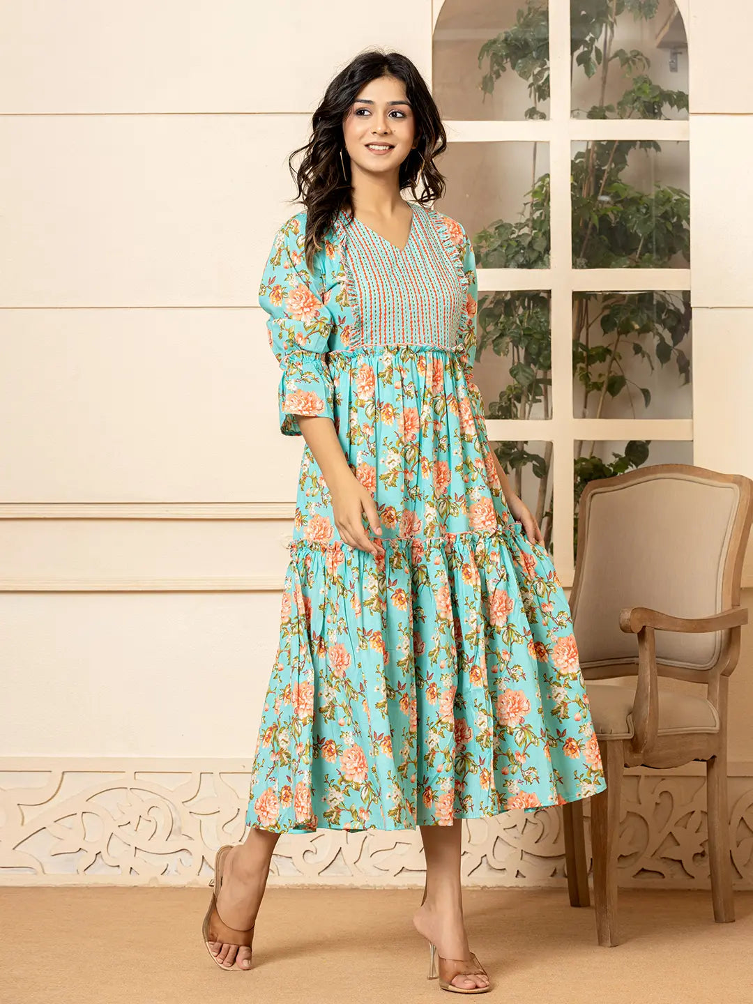 Yufta Teal Green Cotton Floral Print Tiered Dress With Ruffles - Distacart