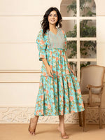 Thumbnail for Yufta Teal Green Cotton Floral Print Tiered Dress With Ruffles - Distacart