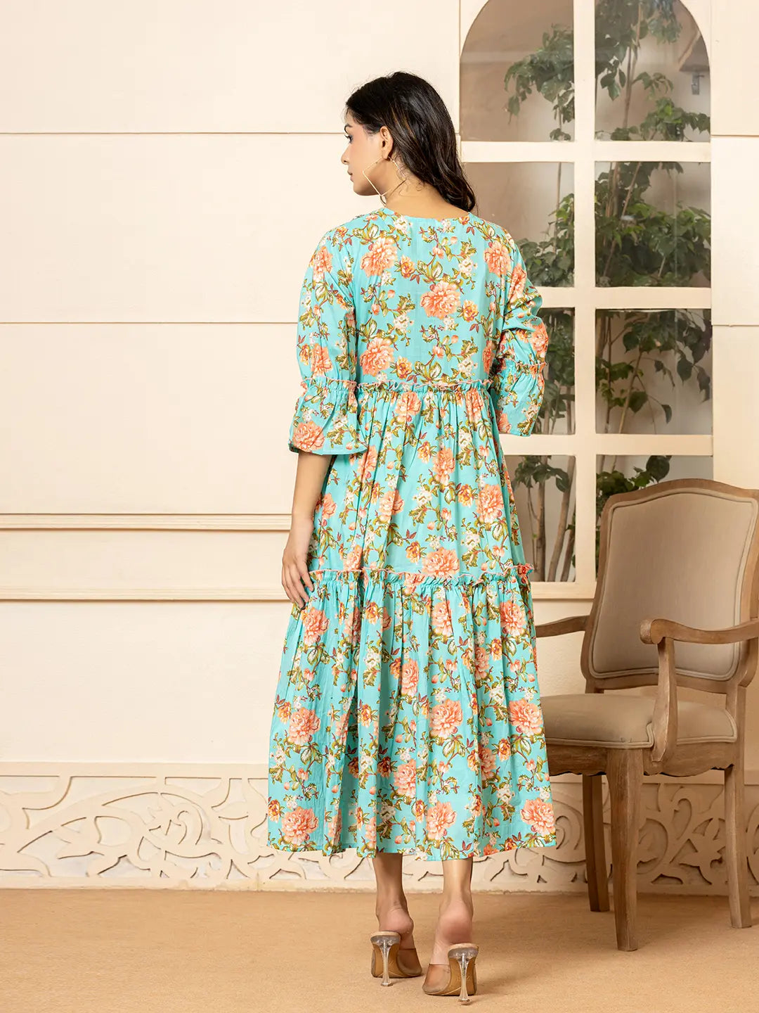 Yufta Teal Green Cotton Floral Print Tiered Dress With Ruffles - Distacart