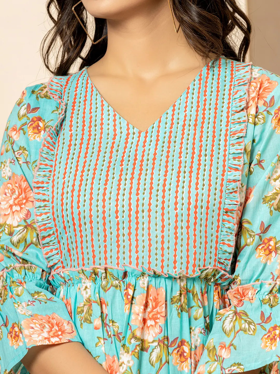 Yufta Teal Green Cotton Floral Print Tiered Dress With Ruffles - Distacart