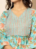 Thumbnail for Yufta Teal Green Cotton Floral Print Tiered Dress With Ruffles - Distacart