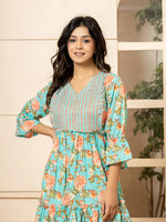 Thumbnail for Yufta Teal Green Cotton Floral Print Tiered Dress With Ruffles - Distacart