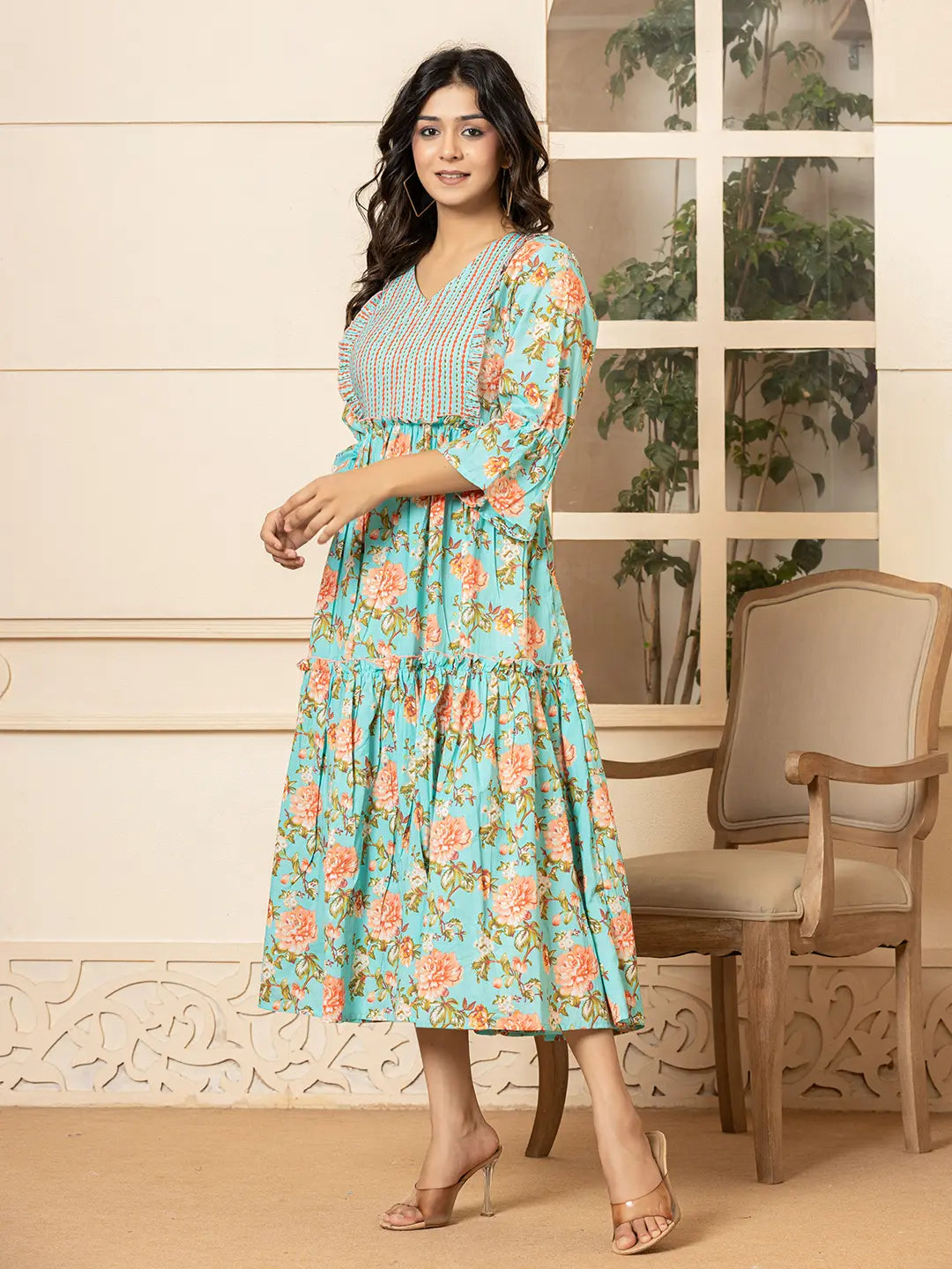 Yufta Teal Green Cotton Floral Print Tiered Dress With Ruffles - Distacart