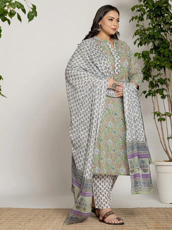 Yufta Green Cotton Green Pluse Size Kurta Dupatta Pant Set