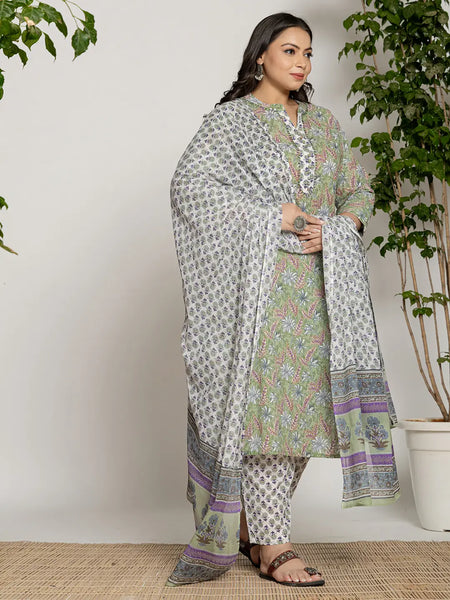 Yufta Green Cotton Green Pluse Size Kurta Dupatta Pant Set