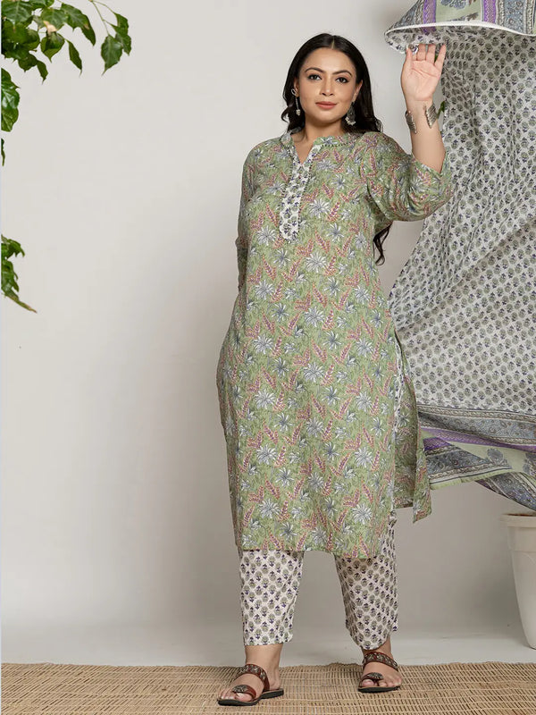 Yufta Green Cotton Green Pluse Size Kurta Dupatta Pant Set