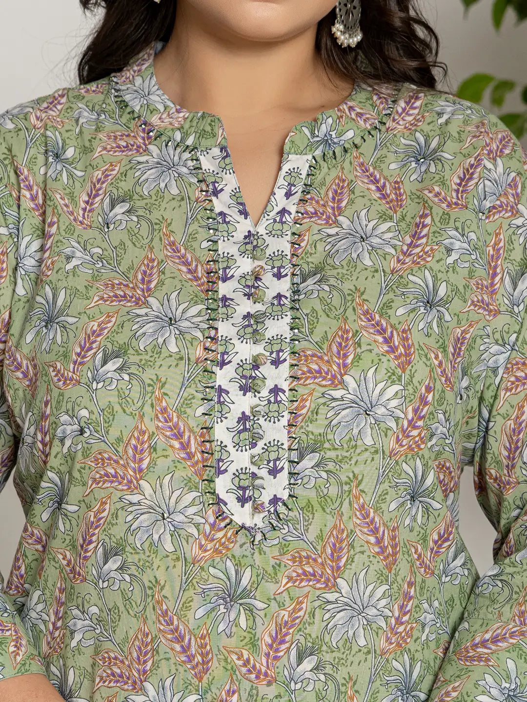 Yufta Green Cotton Green Pluse Size Kurta Dupatta Pant Set