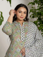 Thumbnail for Yufta Green Cotton Green Pluse Size Kurta Dupatta Pant Set