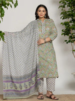 Thumbnail for Yufta Green Cotton Green Pluse Size Kurta Dupatta Pant Set
