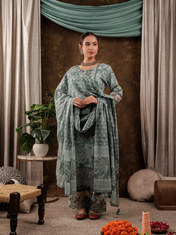 Yufta Green Cotton Kurta Dupatta Set With Lace Detailing