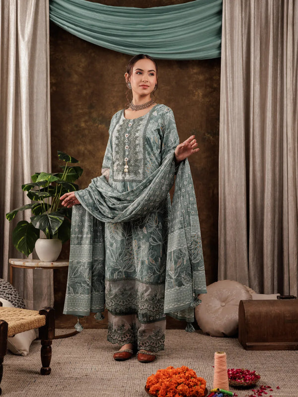 Yufta Green Cotton Kurta Dupatta Set With Lace Detailing