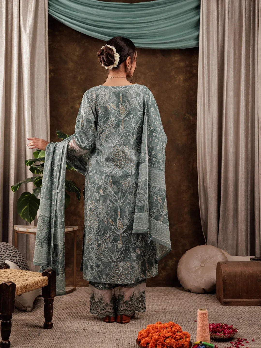 Yufta Green Cotton Kurta Dupatta Set With Lace Detailing
