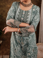 Thumbnail for Yufta Green Cotton Kurta Dupatta Set With Lace Detailing